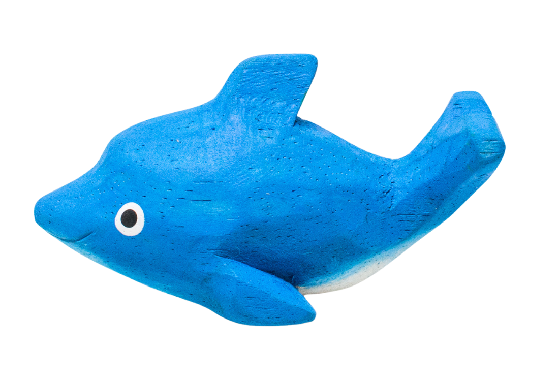 Hand-painted blue wooden dolphin toy made from reclaimed wood