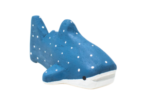 Hand-painted blue wooden whale shark toy made from reclaimed wood