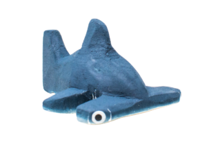 Hand-painted blue wooden hammerhead shark toy made from reclaimed wood