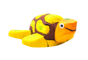Hand-painted yellow wooden turtle toy made from reclaimed wood